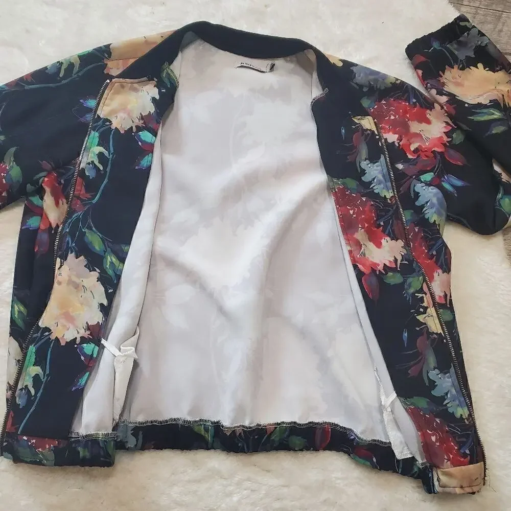 JustFab Black Floral Bomber Jacket, Size Large